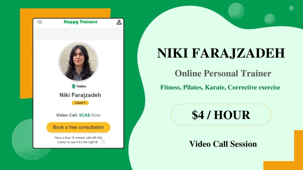 Niki Farajzadeh A presentation slide showing Niki Farajzadeh's online personal trainer profile, including his photo, specialties, session rates.