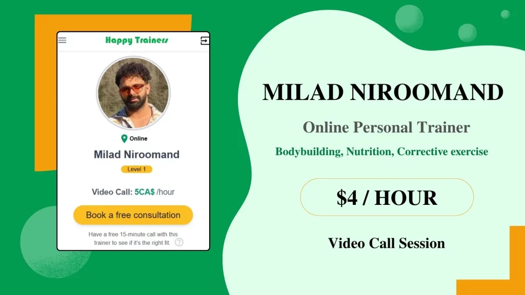 Milad Niroomand A presentation slide showing Milad Niroomand's online personal trainer profile, including his photo, specialties, session rates.
