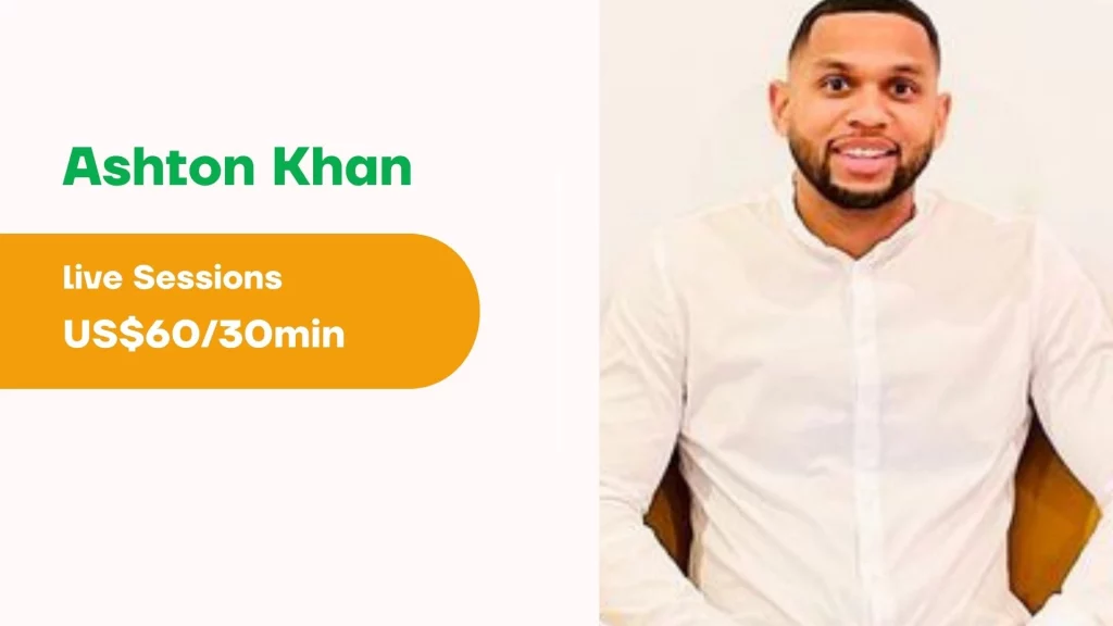 A presentation slide showing Ashton Khan online personal trainer profile, including his photo and session rates.
