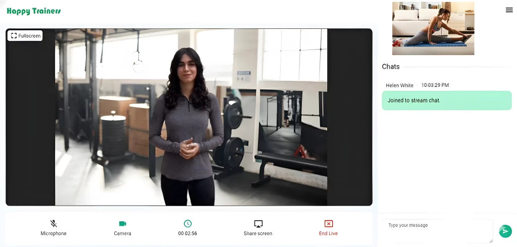 A live online personal training session on Happy Trainers showing a coach, chat panel, and real-time session controls.