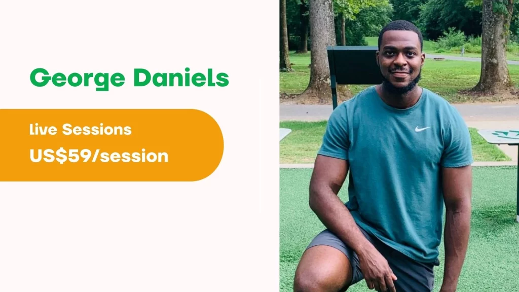 A presentation slide showing George Daniels online personal trainer profile, including his photo and session rates.