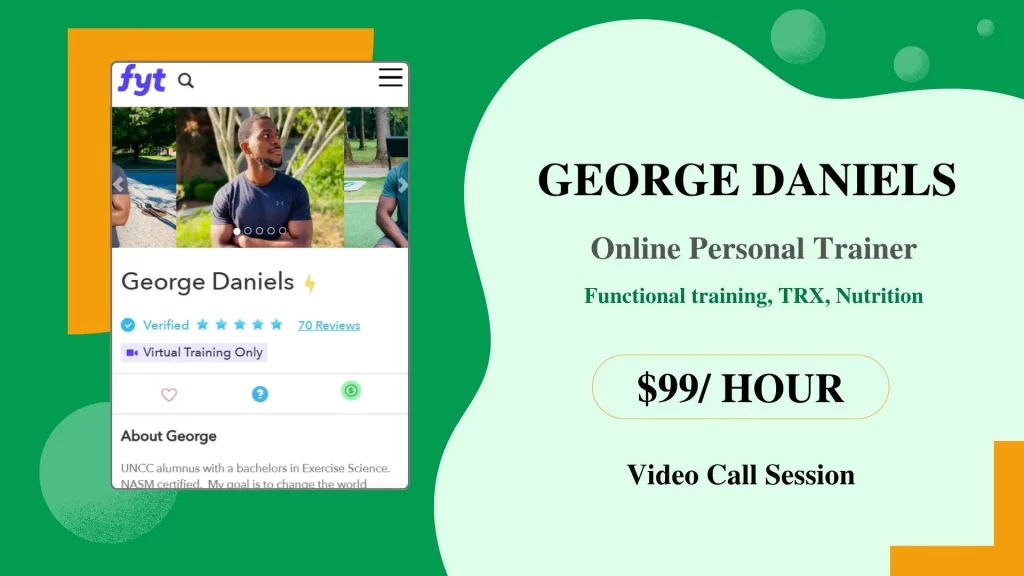 George Daniels A presentation slide showing George Daniels's online personal trainer profile, including his photo, specialties, and session rates.