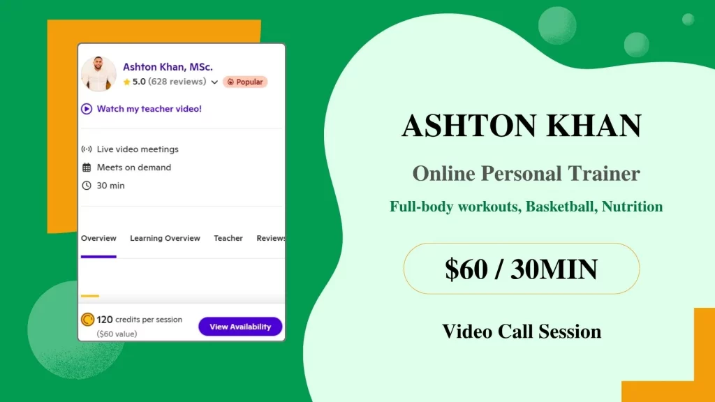 Ashton Khan A presentation slide showing Ashton Khan's online personal trainer profile, including his photo, specialties, and session rates.