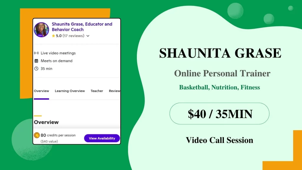 Shaunita Grase A presentation slide showing Shaunita Grase's online personal trainer profile, including his photo, specialties, and session rates.