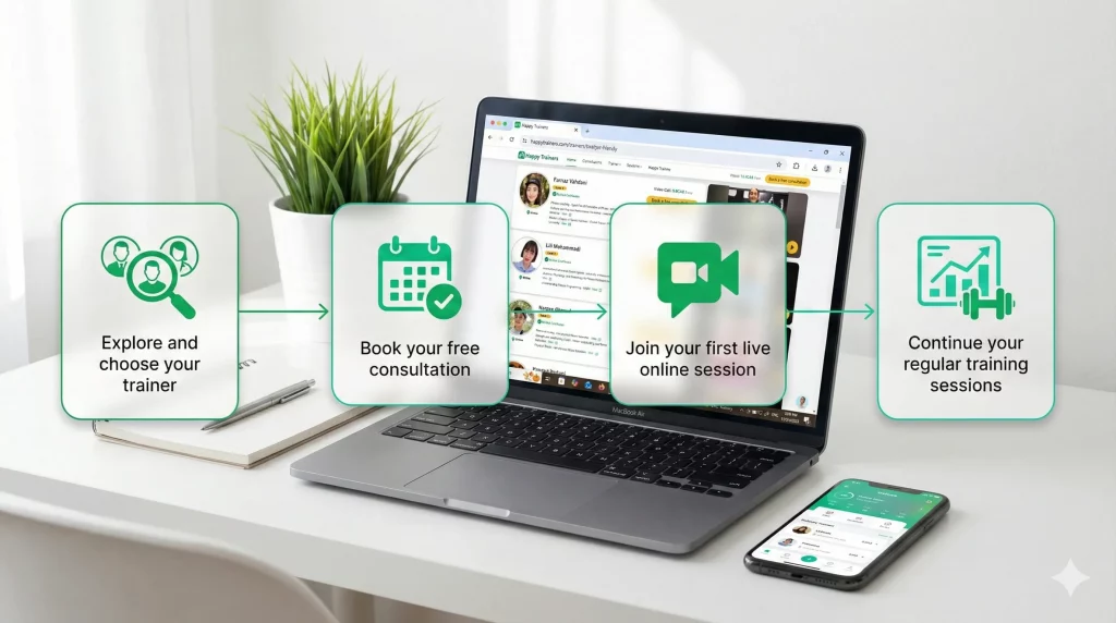 A laptop displaying the step by step online personal training process on Happy Trainers, from trainer selection to live sessions.