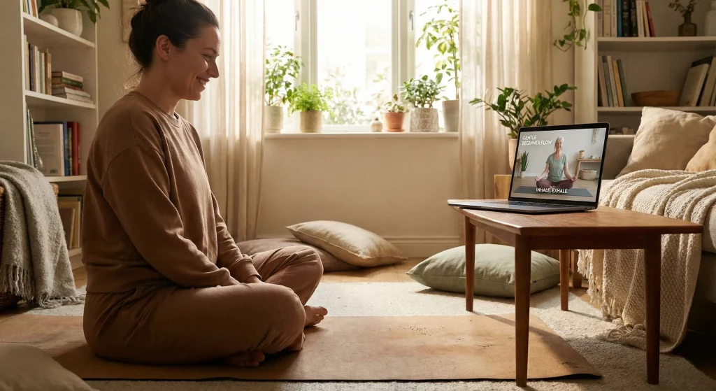 A woman following a gentle beginner flow at home during an online session with one of the best online yoga instructors on her laptop.