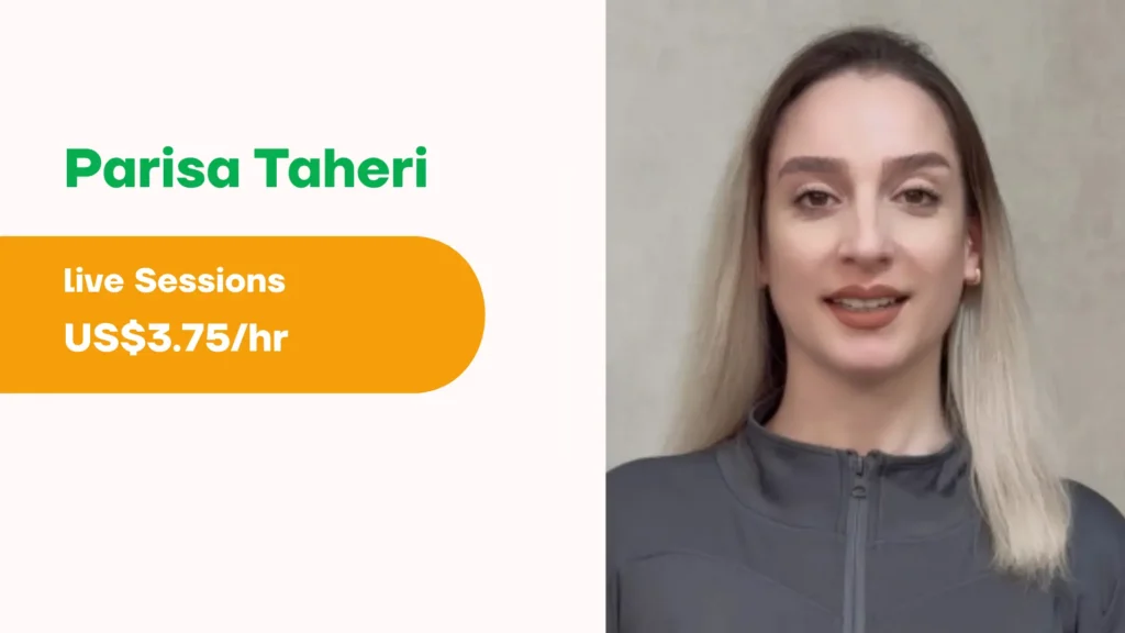 A presentation slide showing Parisa Taheri online personal trainer profile, including his photo and session rates.