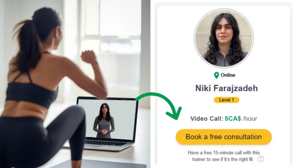 A woman training online with a personal trainer on her laptop while viewing the trainer’s profile and booking a free consultation on Happy Trainers.