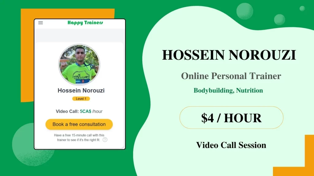 A presentation slide showing Hossein Norouzi's online personal trainer profile, including his photo, specialties, session rates.