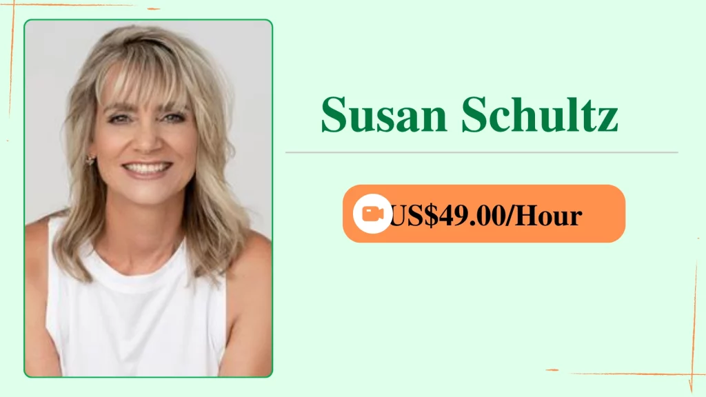 Susan Susan Schultz, an online personal trainer, shown in a profile card with her photo and an hourly rate of $49.00