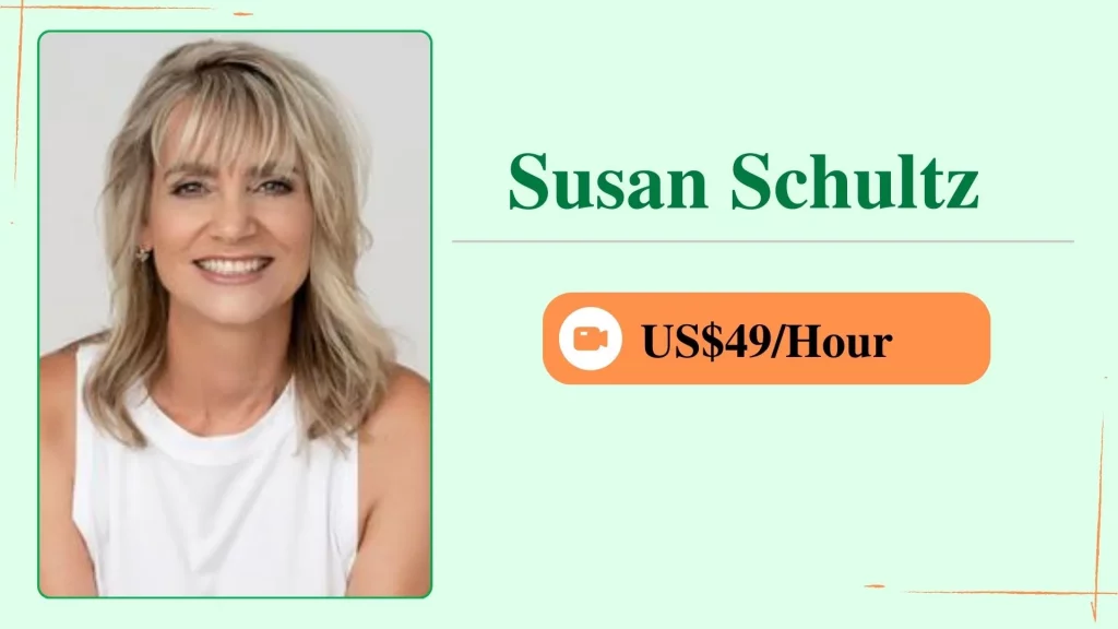 Susan Schultz, an online personal trainer, shown in a profile card with her photo and an hourly rate of $49.