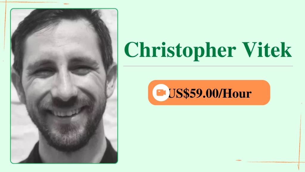 Christopher Christopher Vitek, an online personal trainer, shown in a profile card with her photo and an hourly rate of $59.00