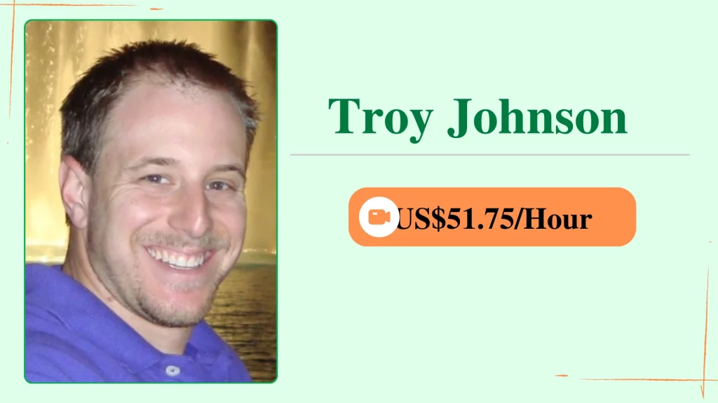 Troy Troy Johnson, an online personal trainer, shown in a profile card with her photo and an hourly rate of $51.75
