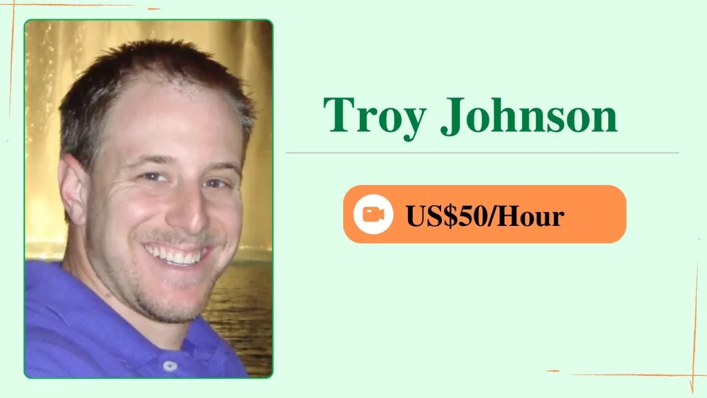 Troy Johnson, an online personal trainer, shown in a profile card with her photo and an hourly rate of $