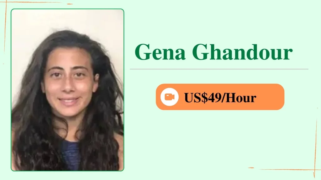 Gena Ghandour, an online personal trainer, shown in a profile card with her photo and an hourly rate of $49.