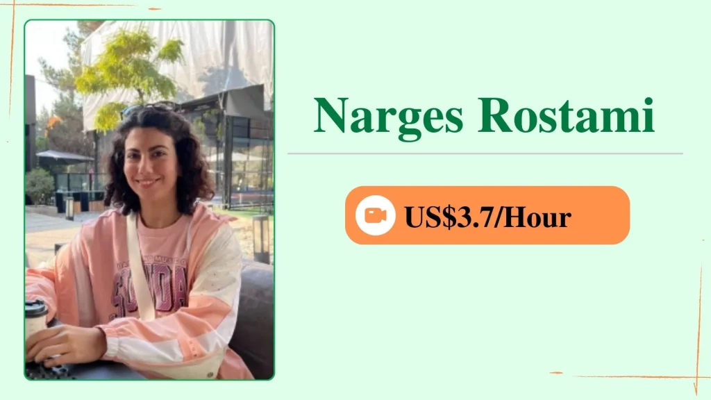 Narges Rostami, an online personal trainer, shown in a profile card with her photo and an hourly rate of $3.7.