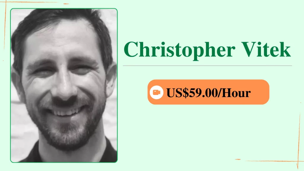Christopher Vitek, an online personal trainer, shown in a profile card with her photo and an hourly rate of $59.00