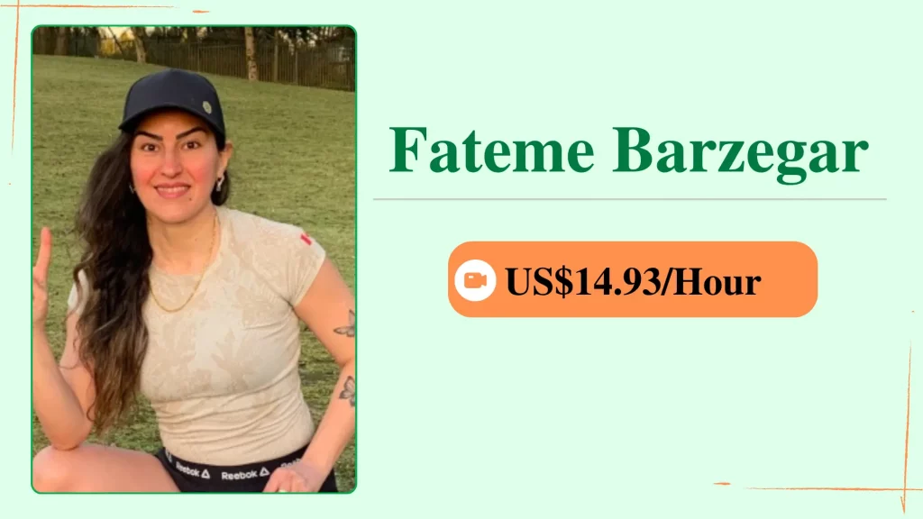 Fateme Barzegar, an online personal trainer, shown in a profile card with her photo and an hourly rate of $14.93