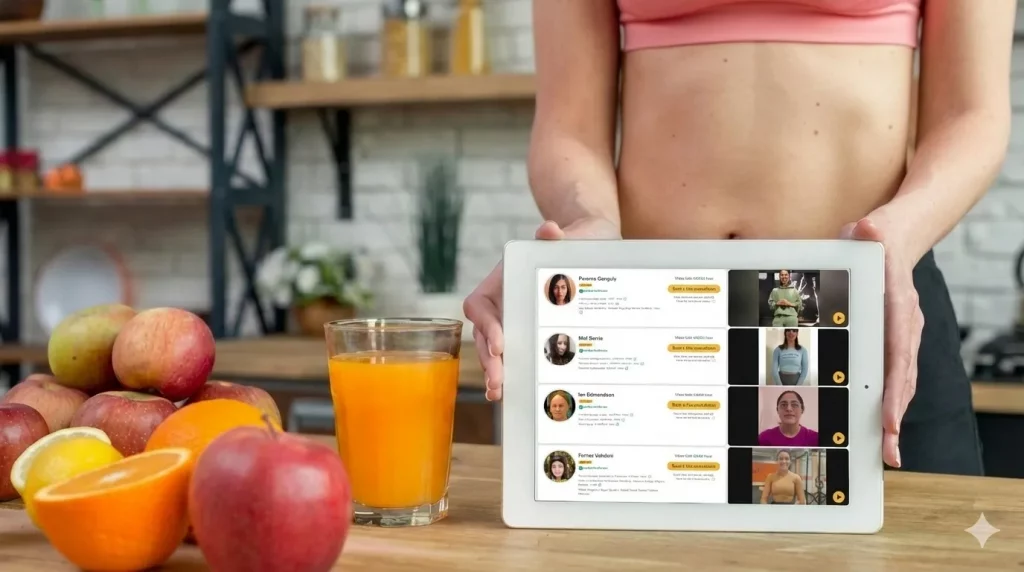 A tablet displaying online weight loss coach profiles next to healthy food during a home fitness routine.