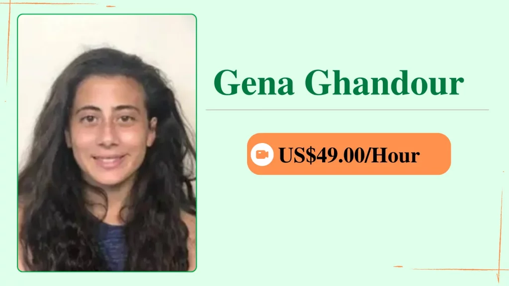 Gena, an online personal trainer, shown in a profile card with her photo and an hourly rate of $49.00