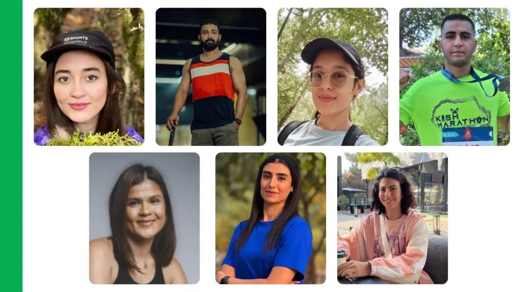 A group of online fitness coaches smiling in outdoor and gym settings, representing diverse online weight loss and personal training support.