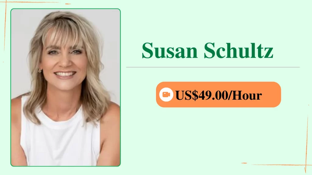 Susan Schultz, an online personal trainer, shown in a profile card with her photo and an hourly rate of $49.00