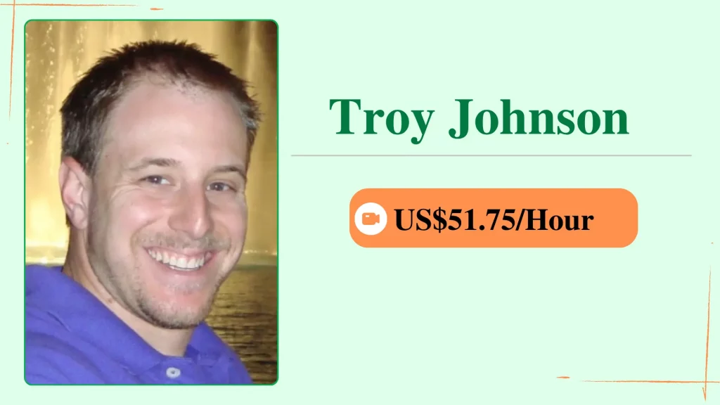Troy Johnson, an online personal trainer, shown in a profile card with her photo and an hourly rate of $51.75
