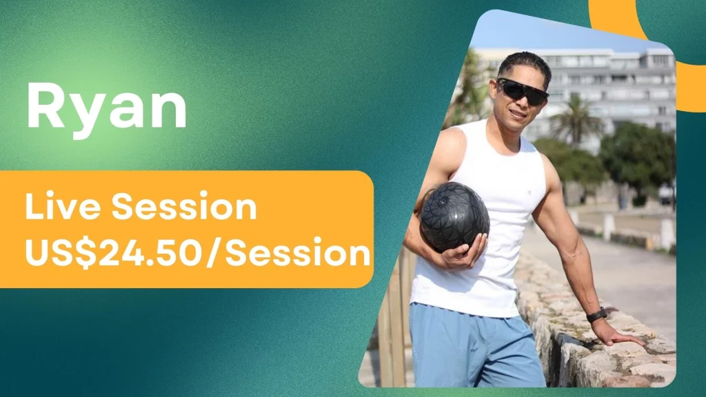 Ryan, an online personal trainer for beginners, with his profile photo and per-session price.