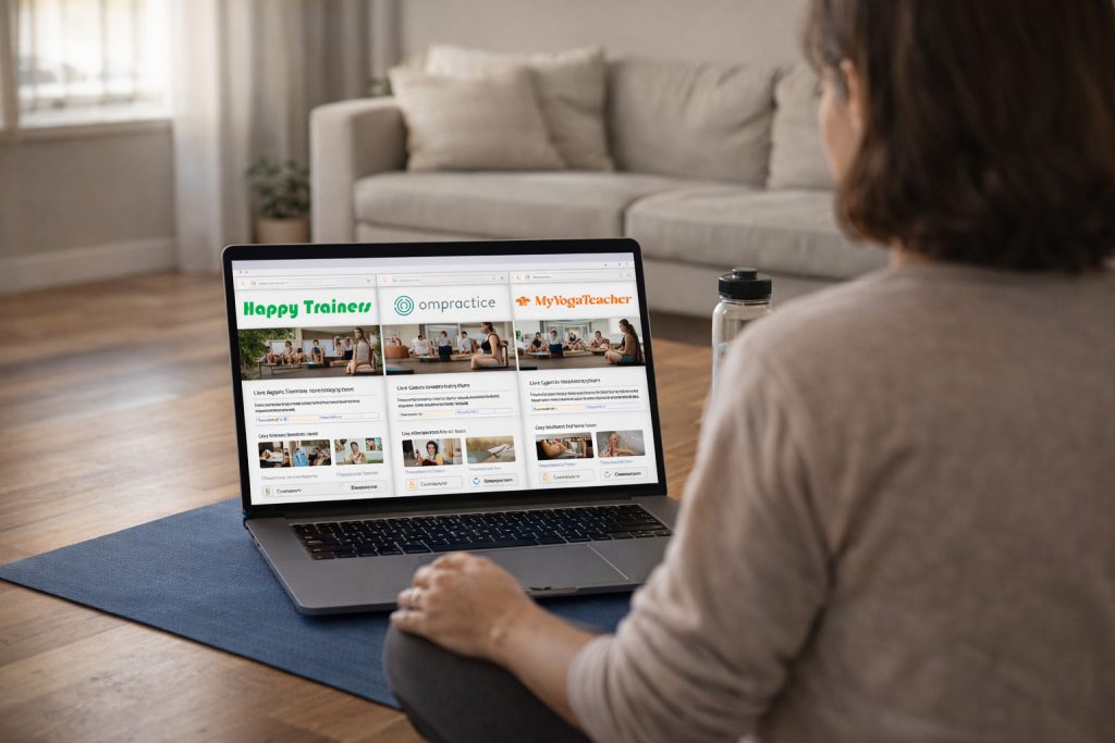 3 Best Platforms for Online A woman comparing the best platforms for online yoga classes on her laptop while sitting on a yoga mat at home.