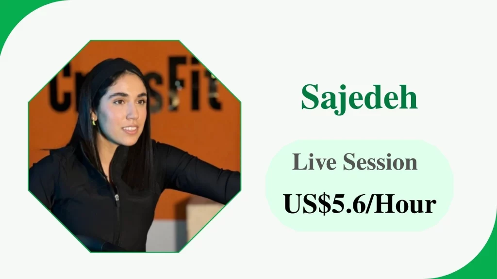 Profile card of Sajedeh, an online fitness coach for women’s weight loss, with a rate of $US5.6 per hour.