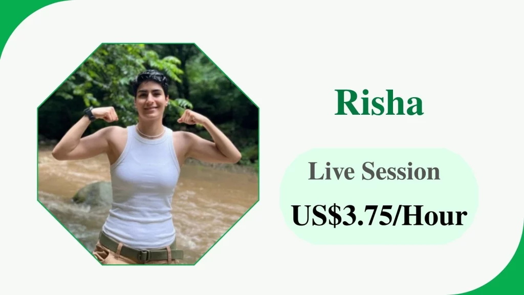 Profile card of Risha, an online fitness coach for women’s weight loss, with a rate of $US50 per hour.