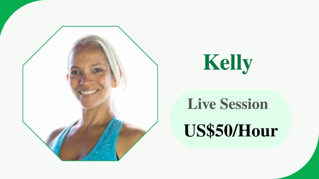 Kelly Enston Profile card of Kelly, an online fitness coach for women’s weight loss, with a rate of $US50 per hour.