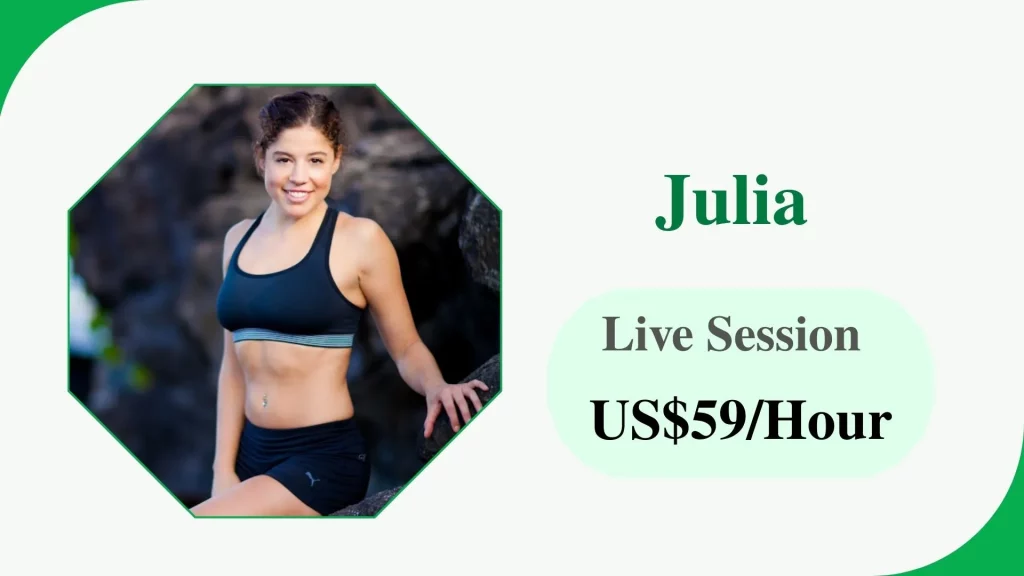 Julia Hale Profile card of Julia, an online fitness coach for women’s weight loss, with a rate of US$59 – US$66 per hour.
