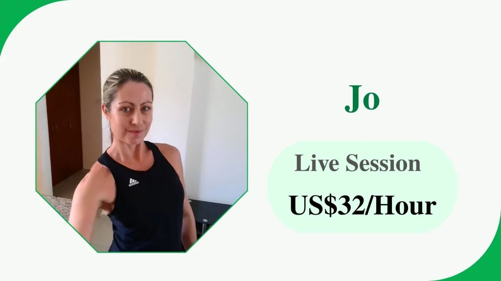 Profile card of Jo, an online fitness coach for women’s weight loss, with a rate of US$32 – US$39.5 per hour.