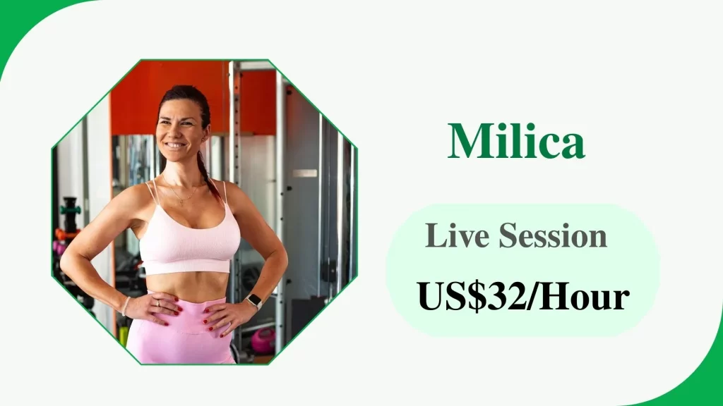 Milica Jovanovic Profile card of Milica, an online fitness coach for women’s weight loss, with a rate of US$32 – US$39.5 per hour.