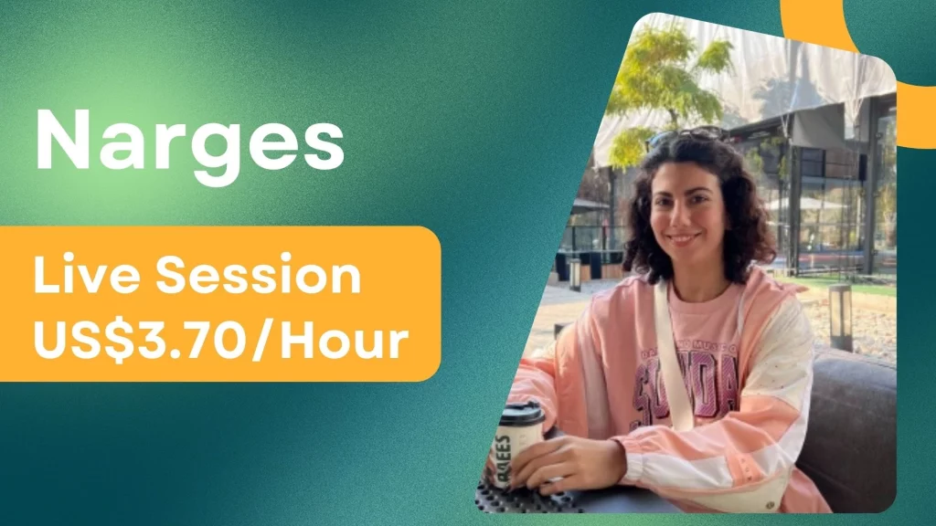 Narges, an online personal trainer for beginners, with her profile photo and per-session price.