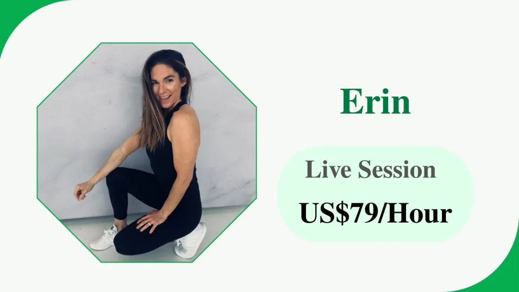 Erin Roc Lacy Profile card of Erin, an online fitness coach for women’s weight loss, with a rate of US$79 per hour.