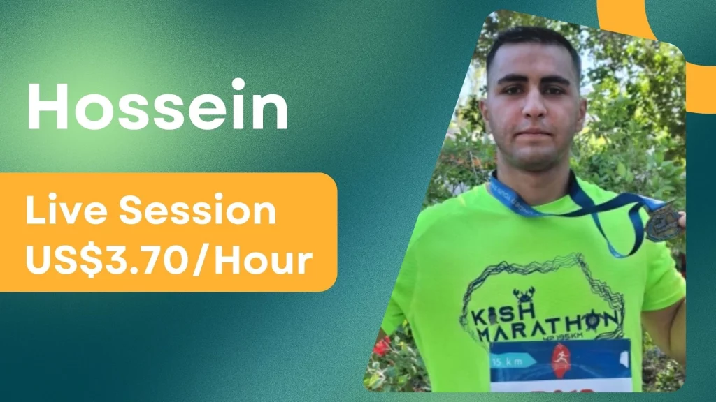 Hossein, an online personal trainer for beginners, with his profile photo and per-session price.