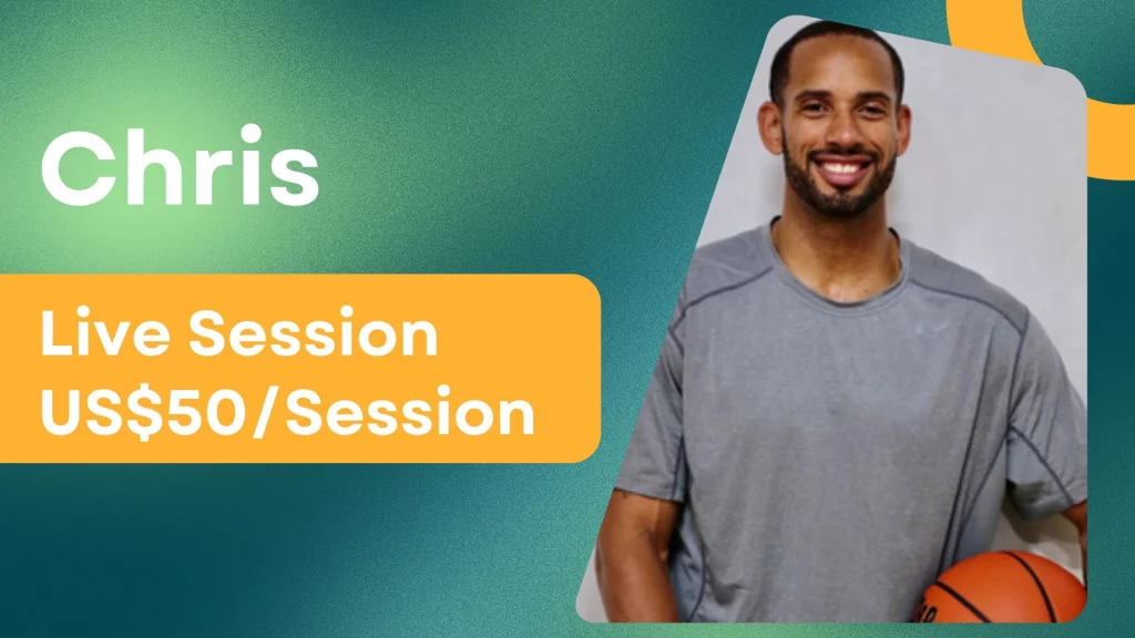 Chris, an online personal trainer for beginners, with his profile photo and per-session price.