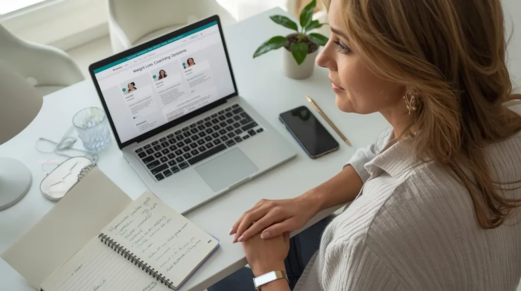 Online Weight Loss Trainers for Women A woman reviewing online weight loss coach profiles on a laptop during a virtual consultation at home.