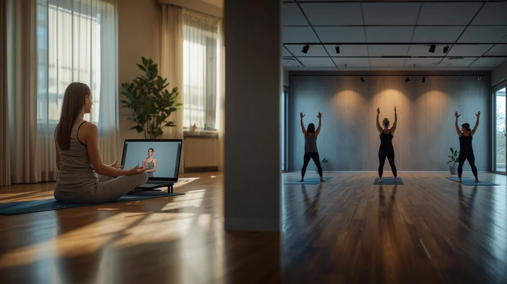 Online Yoga Classes A woman using platforms for online yoga classes at home beside a small in-studio yoga group session.