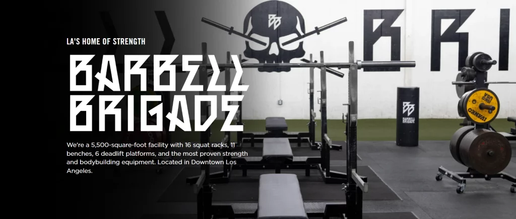 Screenshot of Barbell Brigade website showing a strength-focused gym with squat racks, benches, and bold logo branding.