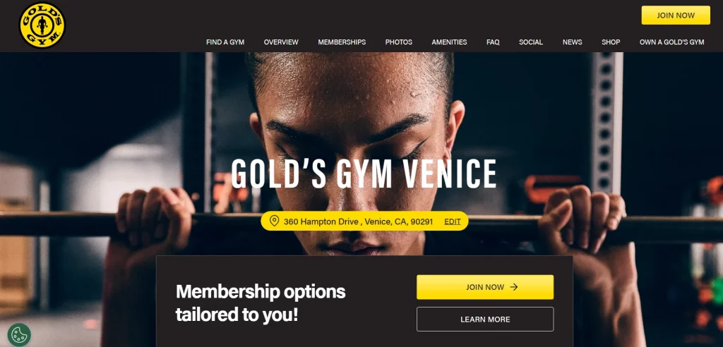 Screenshot of Gold’s Gym Venice website homepage showing membership options and a barbell training banner image.