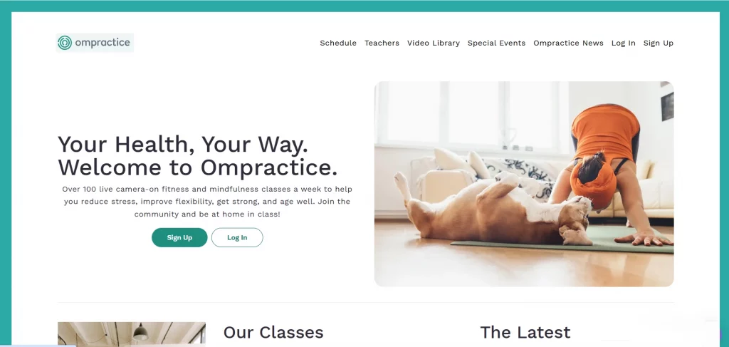 Ompractice Ompractice homepage featuring live online yoga classes and camera-on virtual sessions for flexible home practice.
