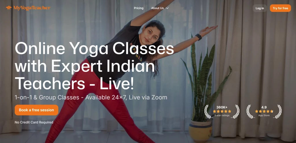 MyYogaTeacher MyYogaTeacher homepage promoting live online yoga classes with expert instructors and 1-on-1 virtual sessions.