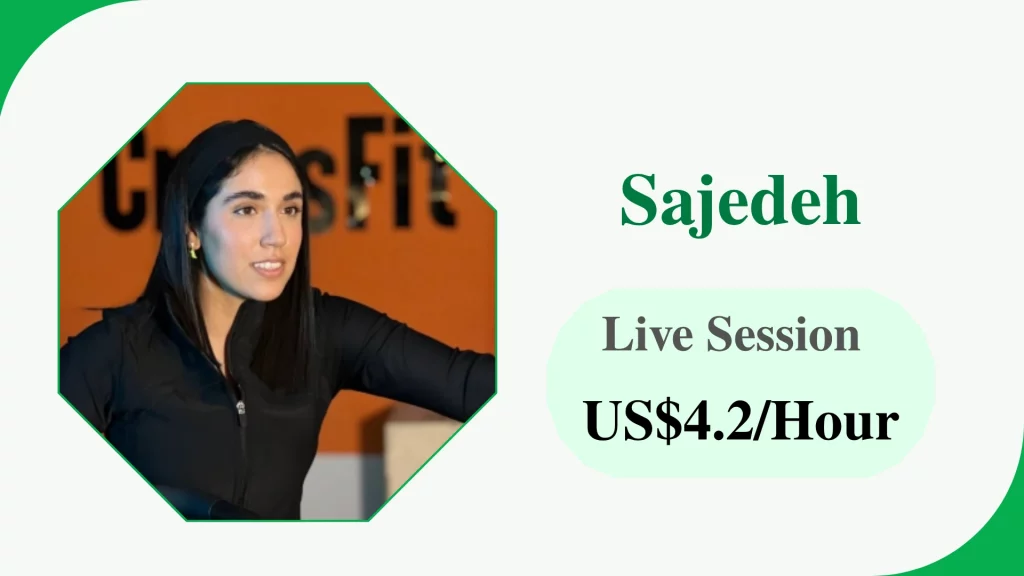 Profile card of Sajedeh, an online fitness coach for women’s weight loss, with a rate of $US5.6 per hour.
