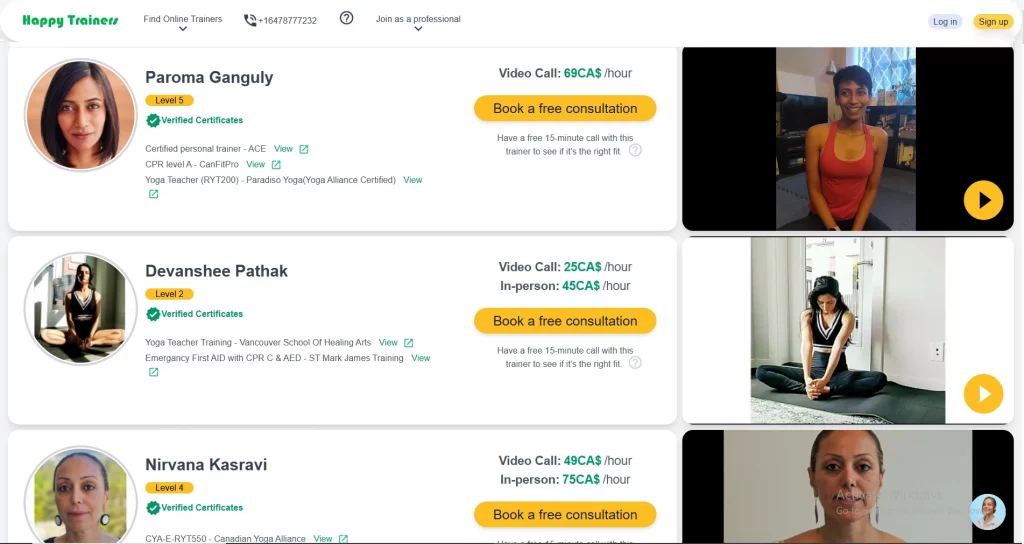 Happy Trainers Online yoga instructors offering live video sessions and pricing details on a professional online yoga platform.