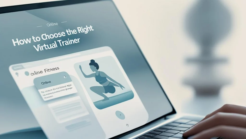 Close-up of a laptop screen displaying online fitness graphics and tips on choosing the right virtual trainer