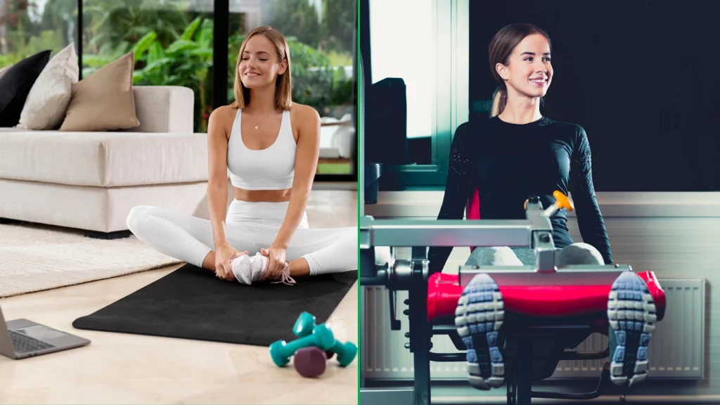 Two beginners choosing different types of training, one selecting online personal training for beginners and the other choosing in-person sessions.
