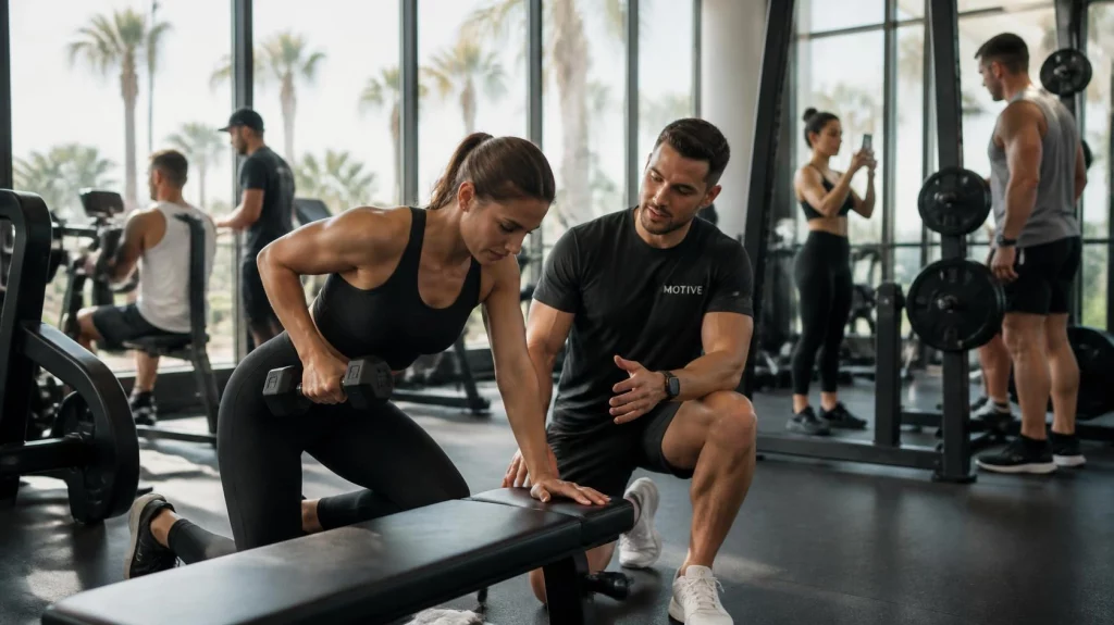Personal trainer coaching a client during a strength workout in a modern Los Angeles gym.